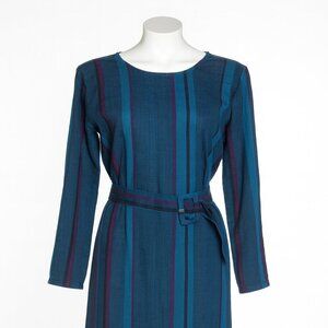 Vintage Victor Costa Striped Teal Blue Purple Midi Dress Belted